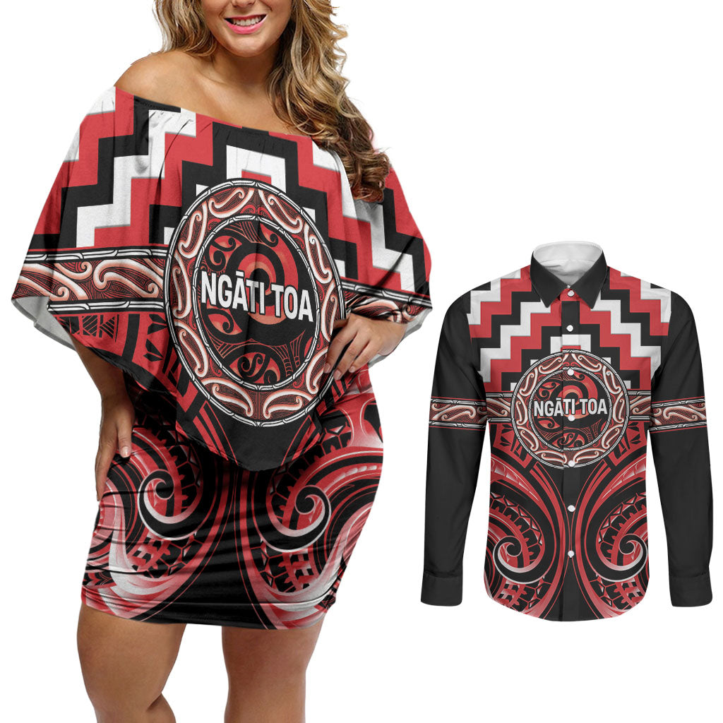 Aotearoa Ngati Toa Personalised Couples Matching Off Shoulder Short Dress and Long Sleeve Button Shirt Maori Iwi Poutama Puhoro Tattoo LT14 Red - Polynesian Pride