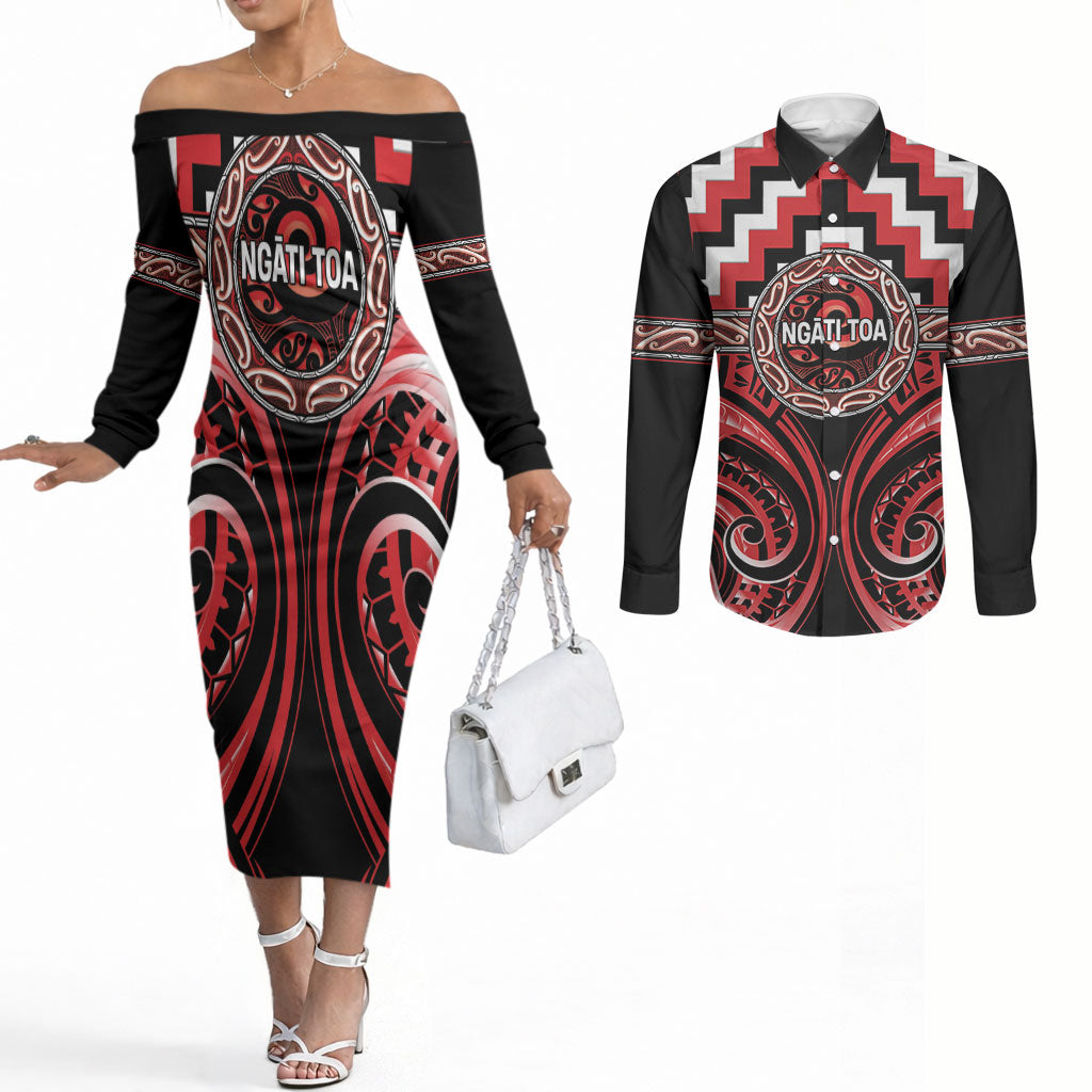 Aotearoa Ngati Toa Personalised Couples Matching Off The Shoulder Long Sleeve Dress and Long Sleeve Button Shirt Maori Iwi Poutama Puhoro Tattoo LT14 Red - Polynesian Pride