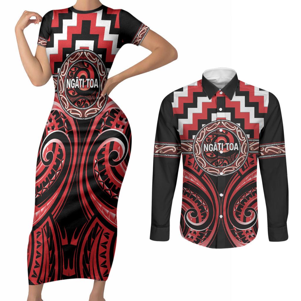 Aotearoa Ngati Toa Personalised Couples Matching Short Sleeve Bodycon Dress and Long Sleeve Button Shirt Maori Iwi Poutama Puhoro Tattoo LT14 Red - Polynesian Pride