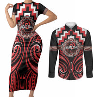 Aotearoa Ngati Toa Personalised Couples Matching Short Sleeve Bodycon Dress and Long Sleeve Button Shirt Maori Iwi Poutama Puhoro Tattoo LT14 Red - Polynesian Pride