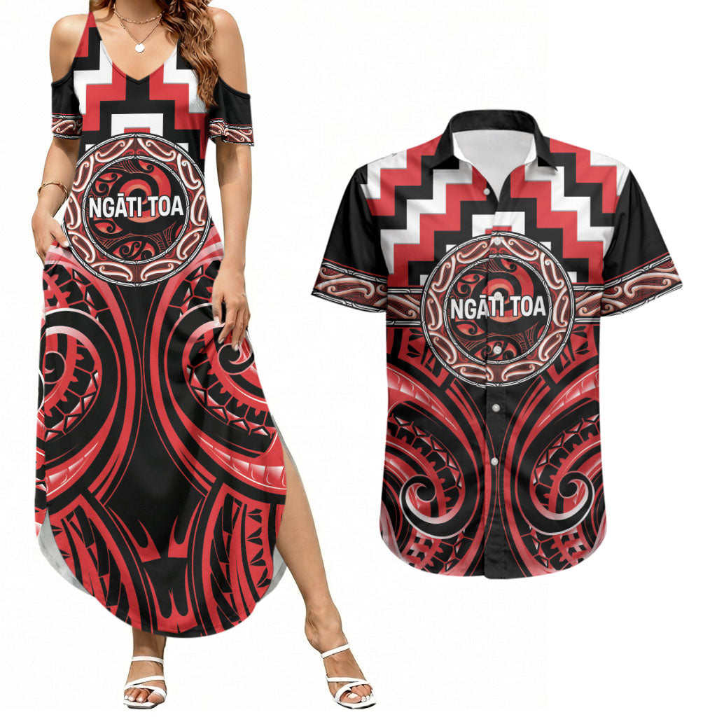 Aotearoa Ngati Toa Personalised Couples Matching Summer Maxi Dress and Hawaiian Shirt Maori Iwi Poutama Puhoro Tattoo LT14 Red - Polynesian Pride