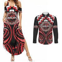 Aotearoa Ngati Toa Personalised Couples Matching Summer Maxi Dress and Long Sleeve Button Shirt Maori Iwi Poutama Puhoro Tattoo LT14 Red - Polynesian Pride