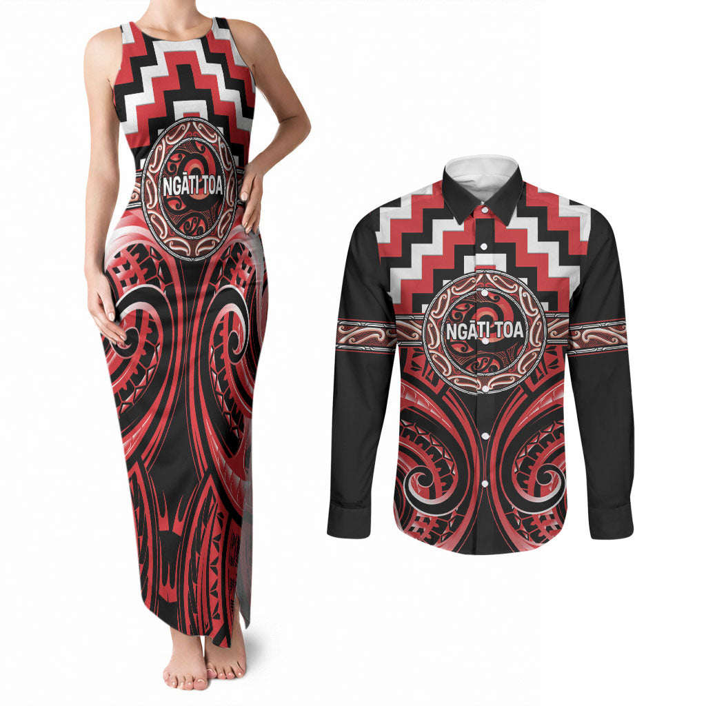 Aotearoa Ngati Toa Personalised Couples Matching Tank Maxi Dress and Long Sleeve Button Shirt Maori Iwi Poutama Puhoro Tattoo LT14 Red - Polynesian Pride