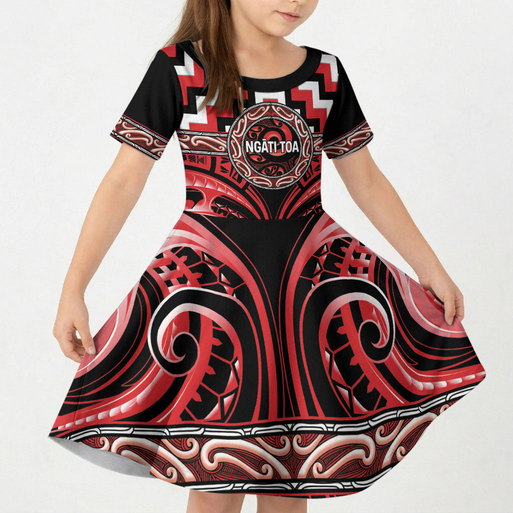 Aotearoa Ngati Toa Personalised Kid Short Sleeve Dress Maori Iwi Poutama Puhoro Tattoo LT14 KID Red - Polynesian Pride