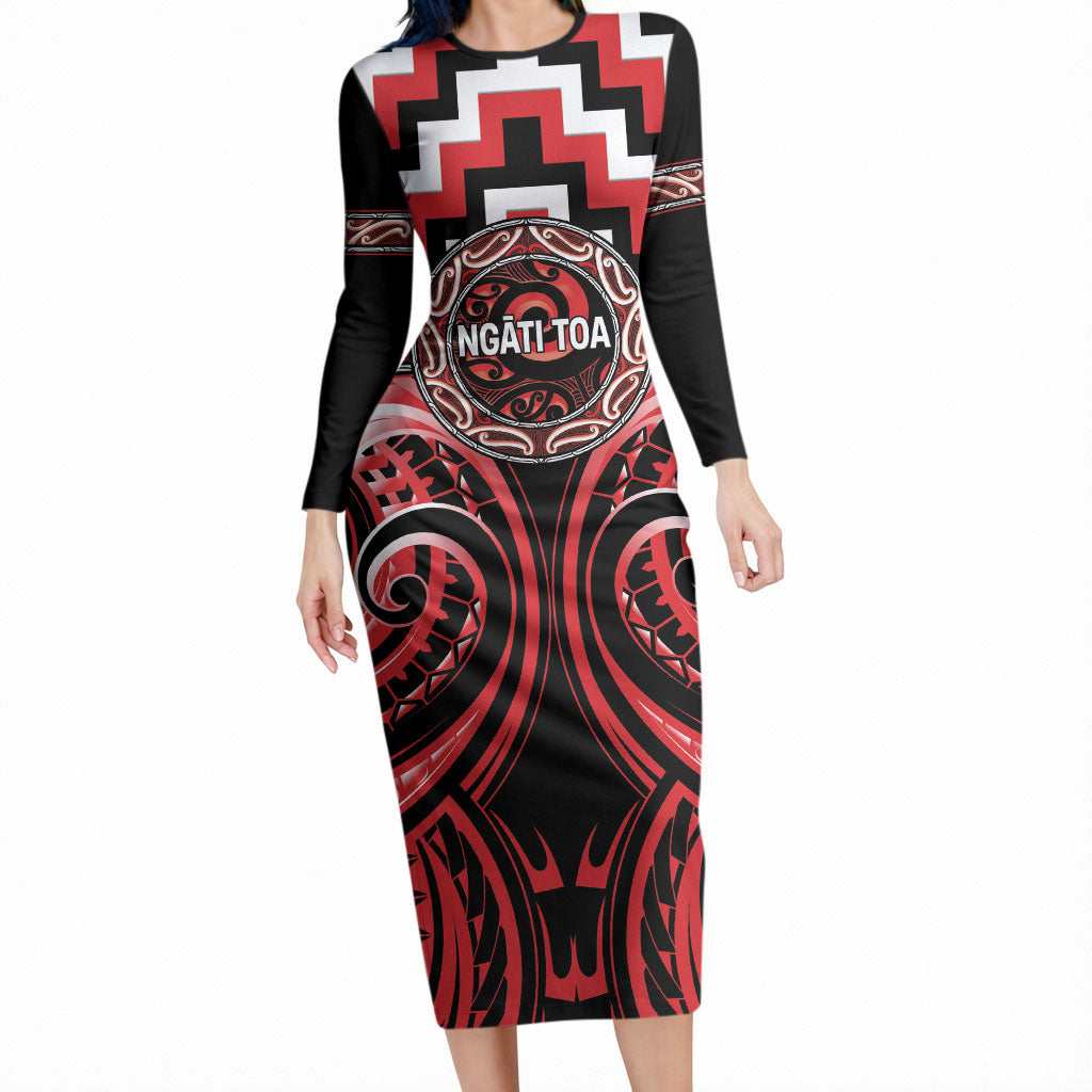 Aotearoa Ngati Toa Personalised Long Sleeve Bodycon Dress Maori Iwi Poutama Puhoro Tattoo LT14 Long Dress Red - Polynesian Pride