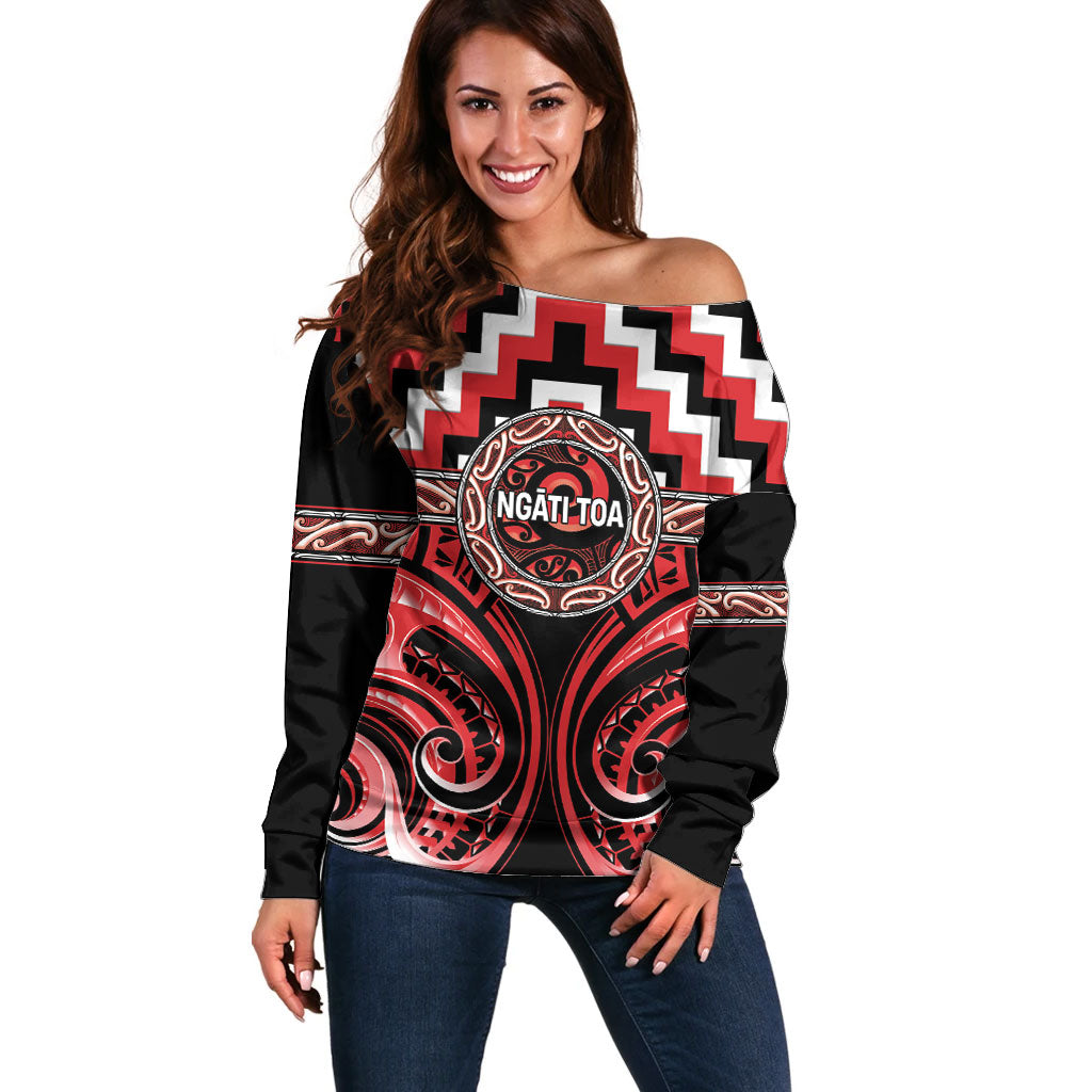 Aotearoa Ngati Toa Personalised Off Shoulder Sweater Maori Iwi Poutama Puhoro Tattoo LT14 Women Red - Polynesian Pride
