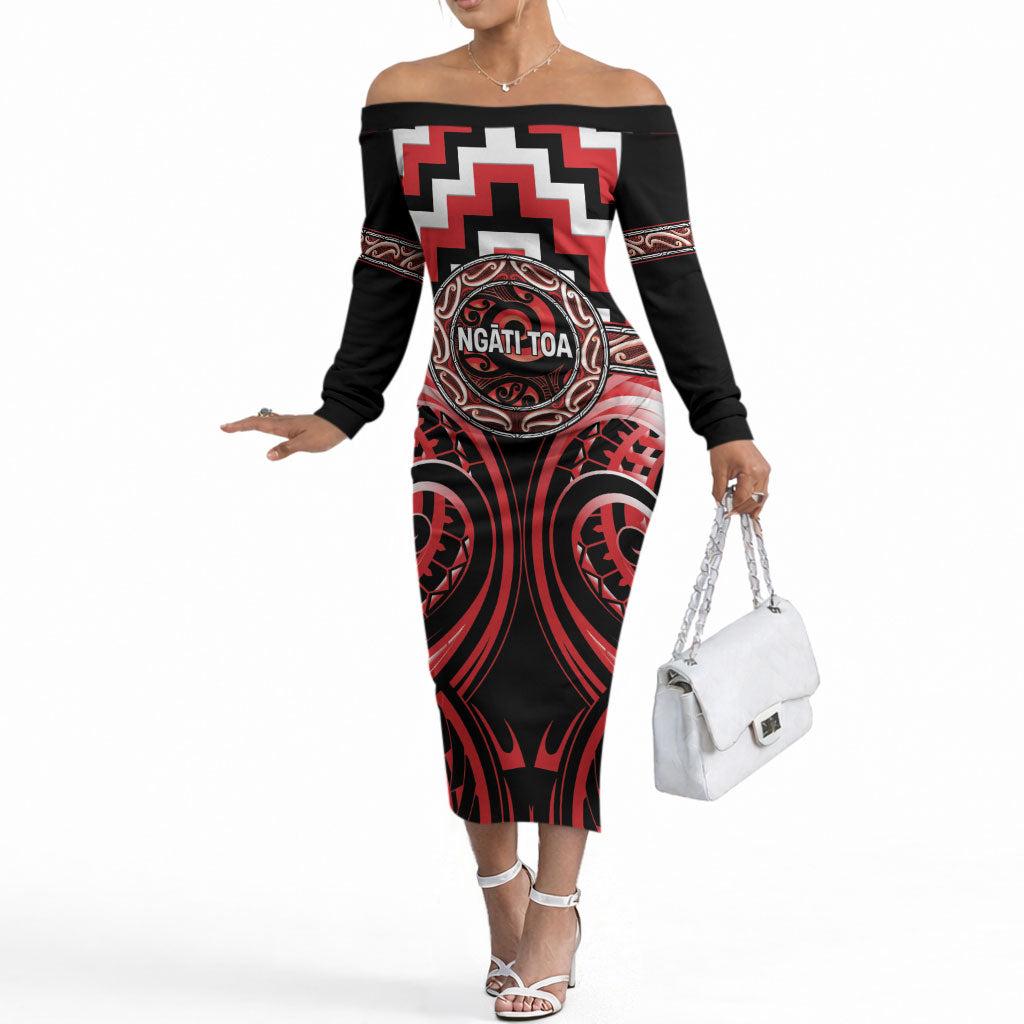 Aotearoa Ngati Toa Personalised Off The Shoulder Long Sleeve Dress Maori Iwi Poutama Puhoro Tattoo LT14 Women Red - Polynesian Pride