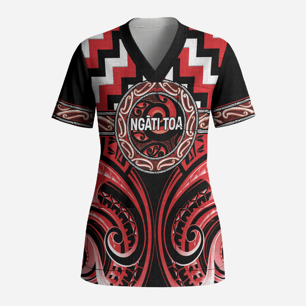 Aotearoa Ngati Toa Personalised Scrub Top Maori Iwi Poutama Puhoro Tattoo LT14 Adult Red - Polynesian Pride