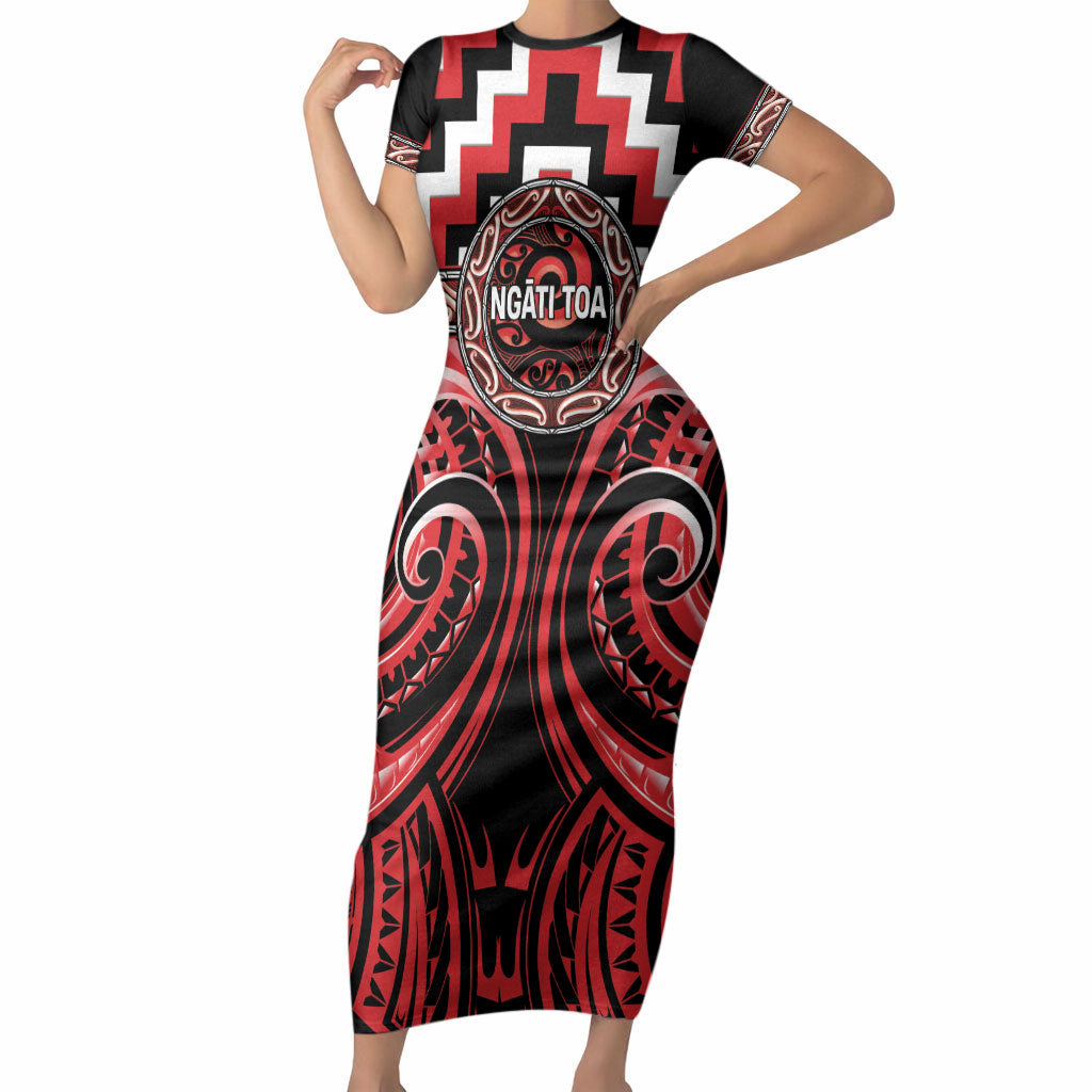 Aotearoa Ngati Toa Personalised Short Sleeve Bodycon Dress Maori Iwi Poutama Puhoro Tattoo LT14 Long Dress Red - Polynesian Pride