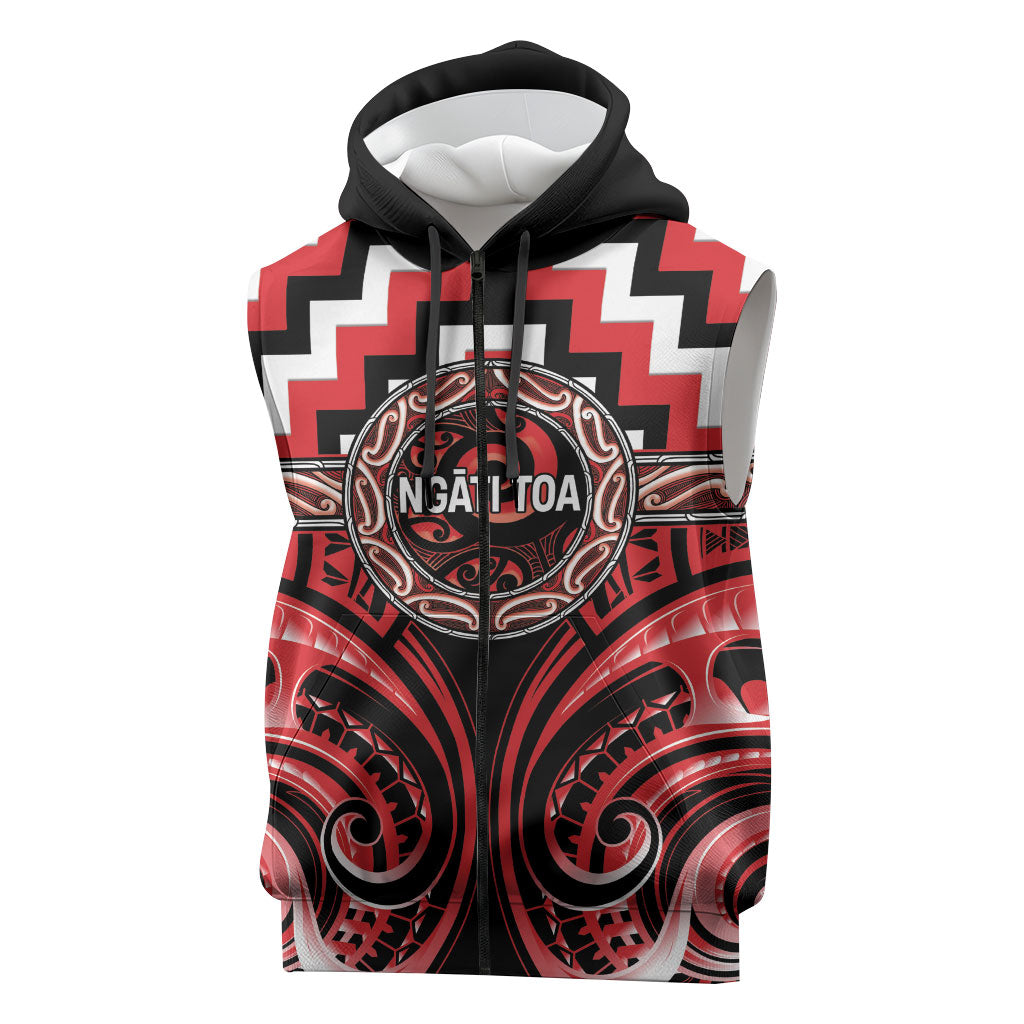 Aotearoa Ngati Toa Personalised Sleeveless Zip Hoodie Maori Iwi Poutama Puhoro Tattoo LT14 Red - Polynesian Pride