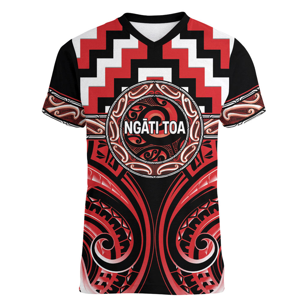 Aotearoa Ngati Toa Personalised Women V-Neck T-Shirt Maori Iwi Poutama Puhoro Tattoo LT14 Female Red - Polynesian Pride
