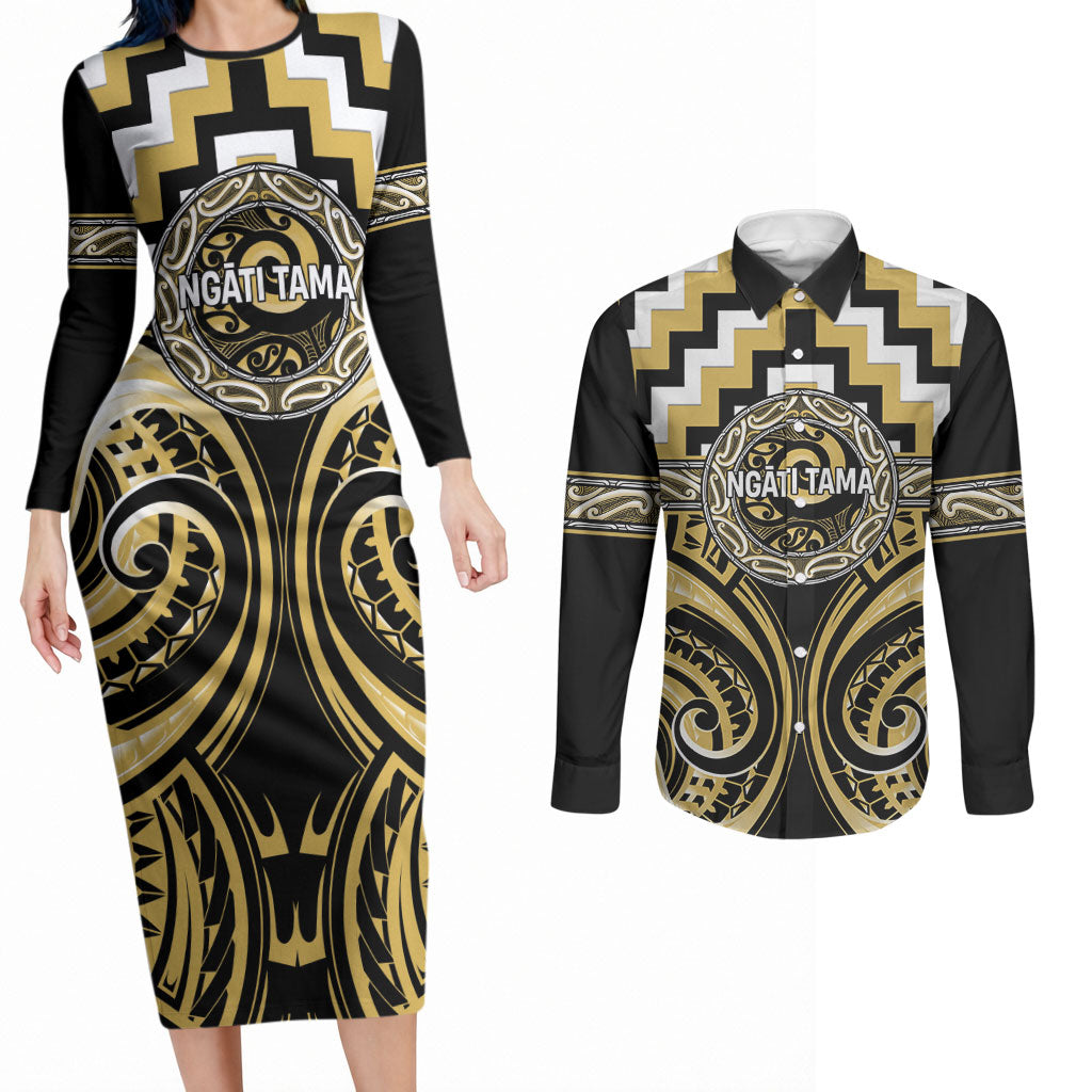 Aotearoa Ngati Tama Personalised Couples Matching Long Sleeve Bodycon Dress and Long Sleeve Button Shirt Maori Iwi Poutama Puhoro Tattoo LT14 Yellow - Polynesian Pride