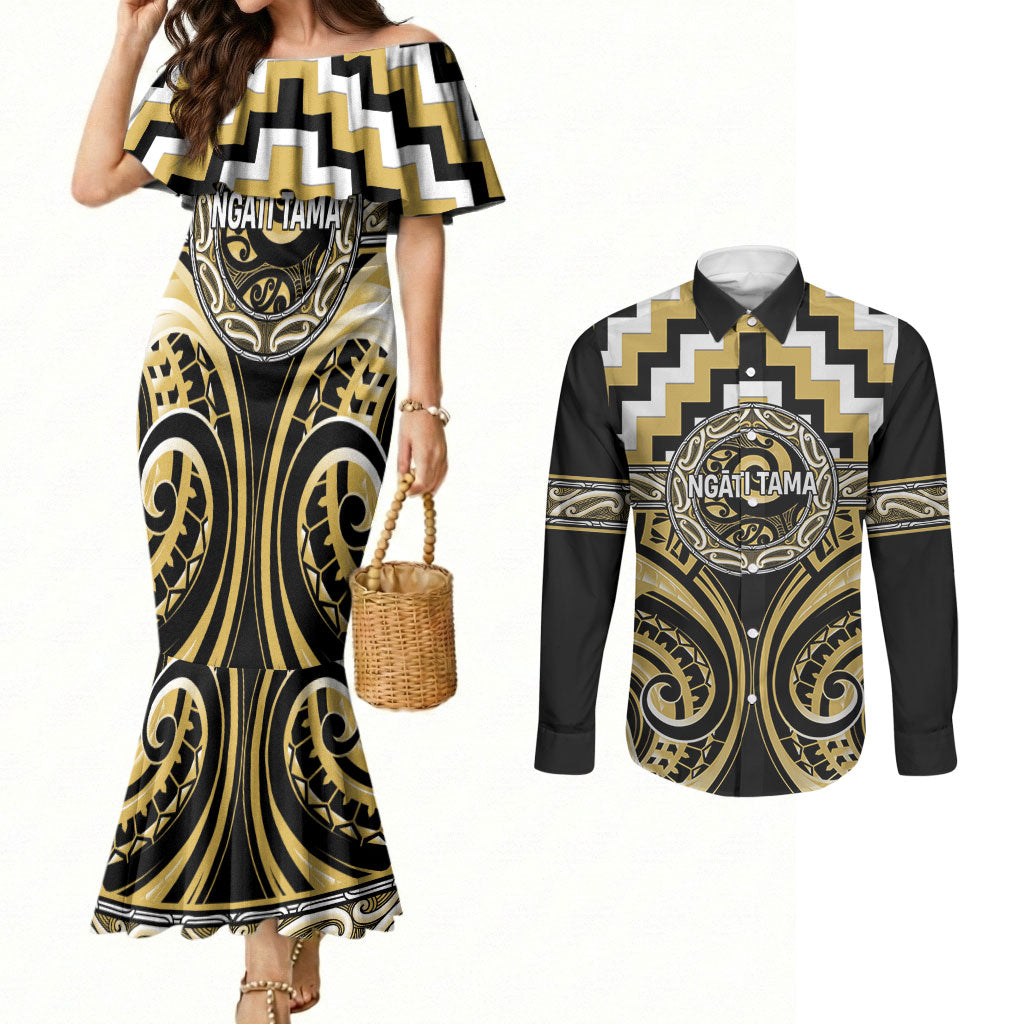 Aotearoa Ngati Tama Personalised Couples Matching Mermaid Dress and Long Sleeve Button Shirt Maori Iwi Poutama Puhoro Tattoo LT14 Yellow - Polynesian Pride