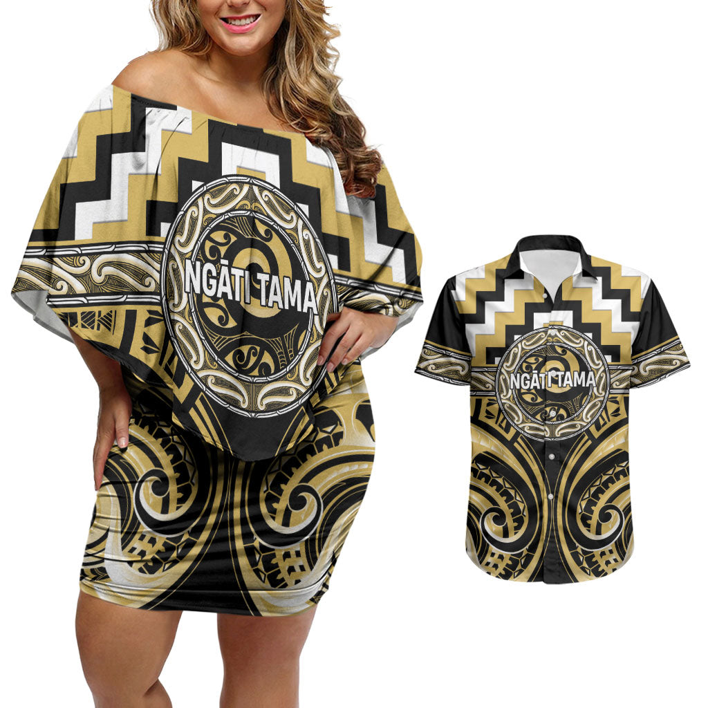 Aotearoa Ngati Tama Personalised Couples Matching Off Shoulder Short Dress and Hawaiian Shirt Maori Iwi Poutama Puhoro Tattoo LT14 Yellow - Polynesian Pride