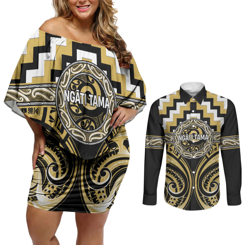 Aotearoa Ngati Tama Personalised Couples Matching Off Shoulder Short Dress and Long Sleeve Button Shirt Maori Iwi Poutama Puhoro Tattoo LT14 Yellow - Polynesian Pride