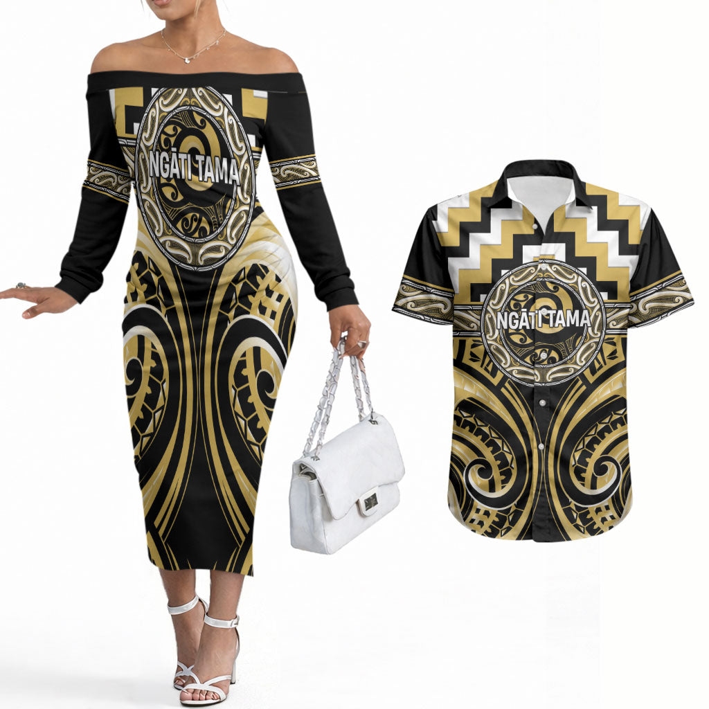 Aotearoa Ngati Tama Personalised Couples Matching Off The Shoulder Long Sleeve Dress and Hawaiian Shirt Maori Iwi Poutama Puhoro Tattoo LT14 Yellow - Polynesian Pride
