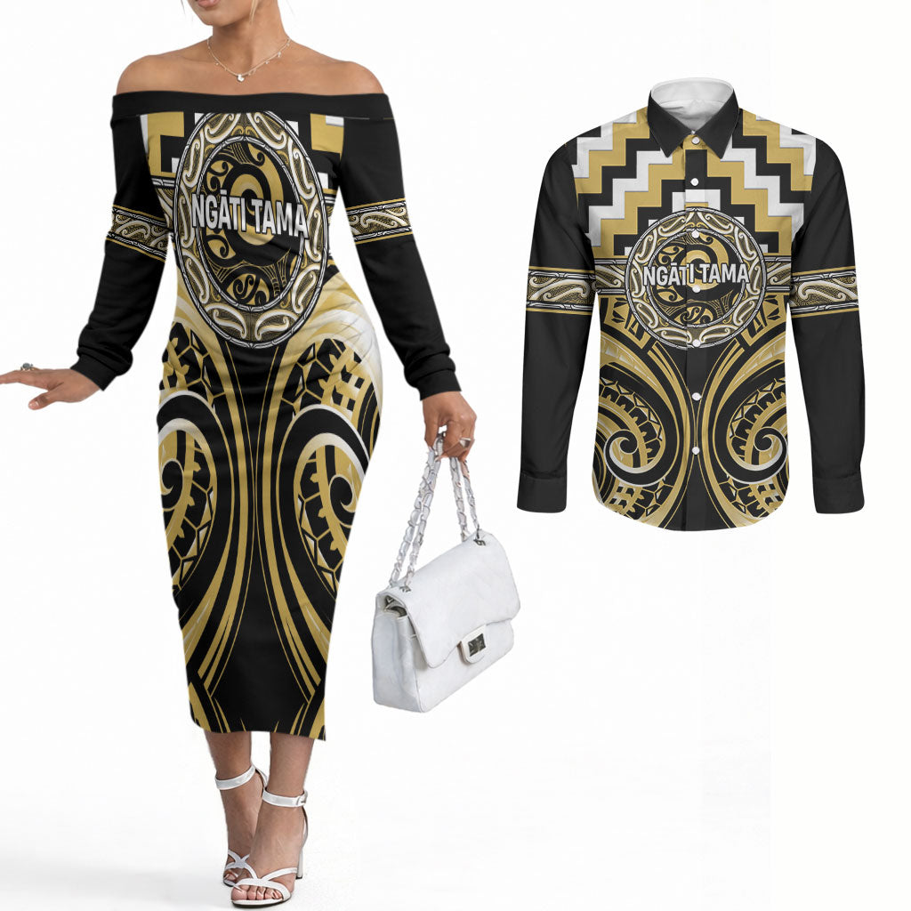 Aotearoa Ngati Tama Personalised Couples Matching Off The Shoulder Long Sleeve Dress and Long Sleeve Button Shirt Maori Iwi Poutama Puhoro Tattoo LT14 Yellow - Polynesian Pride