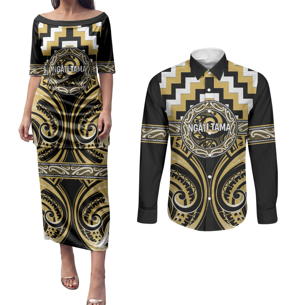 Aotearoa Ngati Tama Personalised Couples Matching Puletasi and Long Sleeve Button Shirt Maori Iwi Poutama Puhoro Tattoo LT14 Yellow - Polynesian Pride