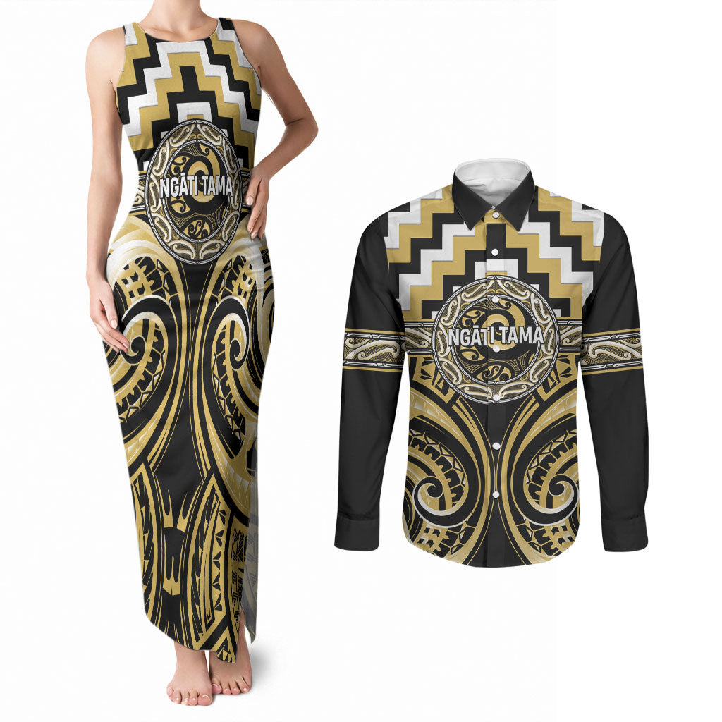 Aotearoa Ngati Tama Personalised Couples Matching Tank Maxi Dress and Long Sleeve Button Shirt Maori Iwi Poutama Puhoro Tattoo LT14 Yellow - Polynesian Pride