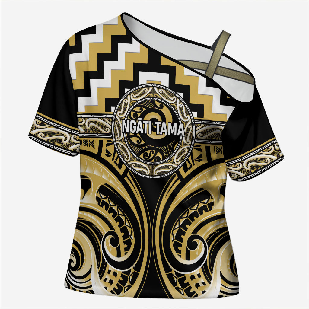 Aotearoa Ngati Tama Personalised Cross Shoulder Shirt Maori Iwi Poutama Puhoro Tattoo LT14 Female Yellow - Polynesian Pride