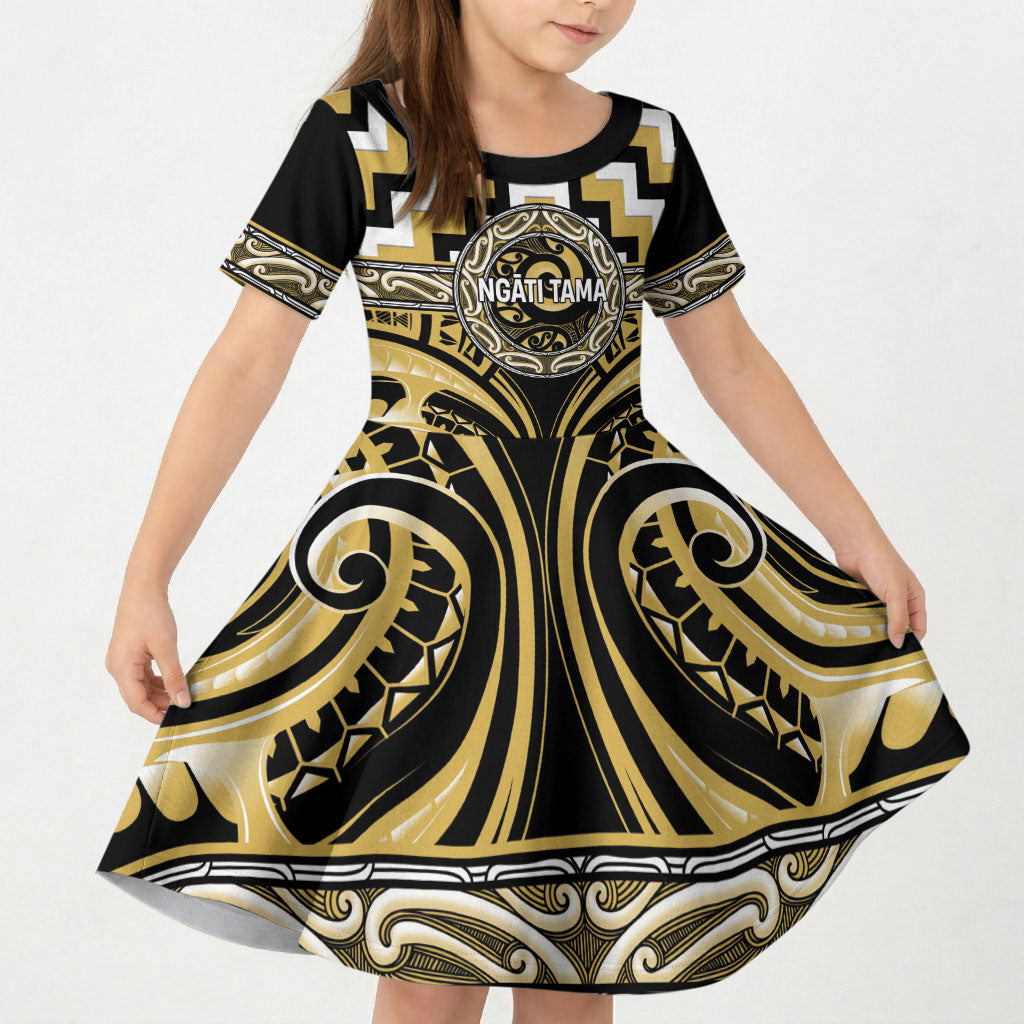 Aotearoa Ngati Tama Personalised Kid Short Sleeve Dress Maori Iwi Poutama Puhoro Tattoo LT14 KID Yellow - Polynesian Pride
