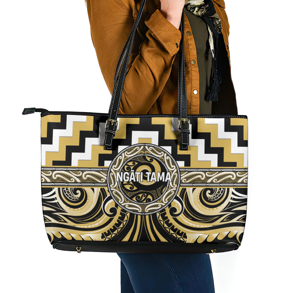 Aotearoa Ngati Tama Leather Tote Bag Maori Iwi Poutama Puhoro Tattoo LT14 - Polynesian Pride