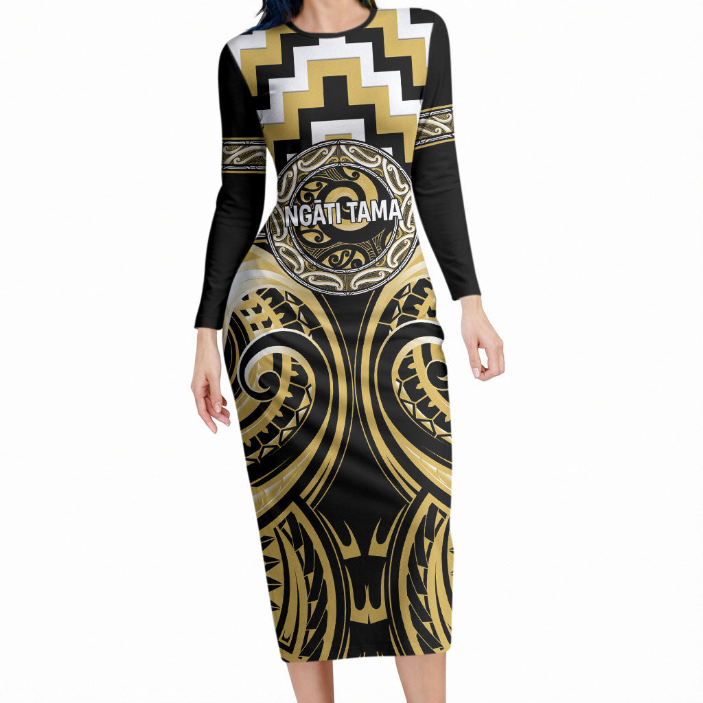 Aotearoa Ngati Tama Personalised Long Sleeve Bodycon Dress Maori Iwi Poutama Puhoro Tattoo LT14 Long Dress Yellow - Polynesian Pride