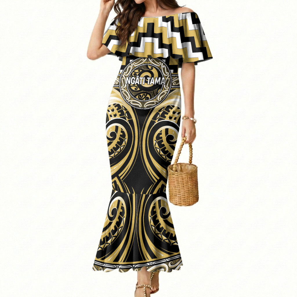 Aotearoa Ngati Tama Personalised Mermaid Dress Maori Iwi Poutama Puhoro Tattoo LT14 Women Yellow - Polynesian Pride