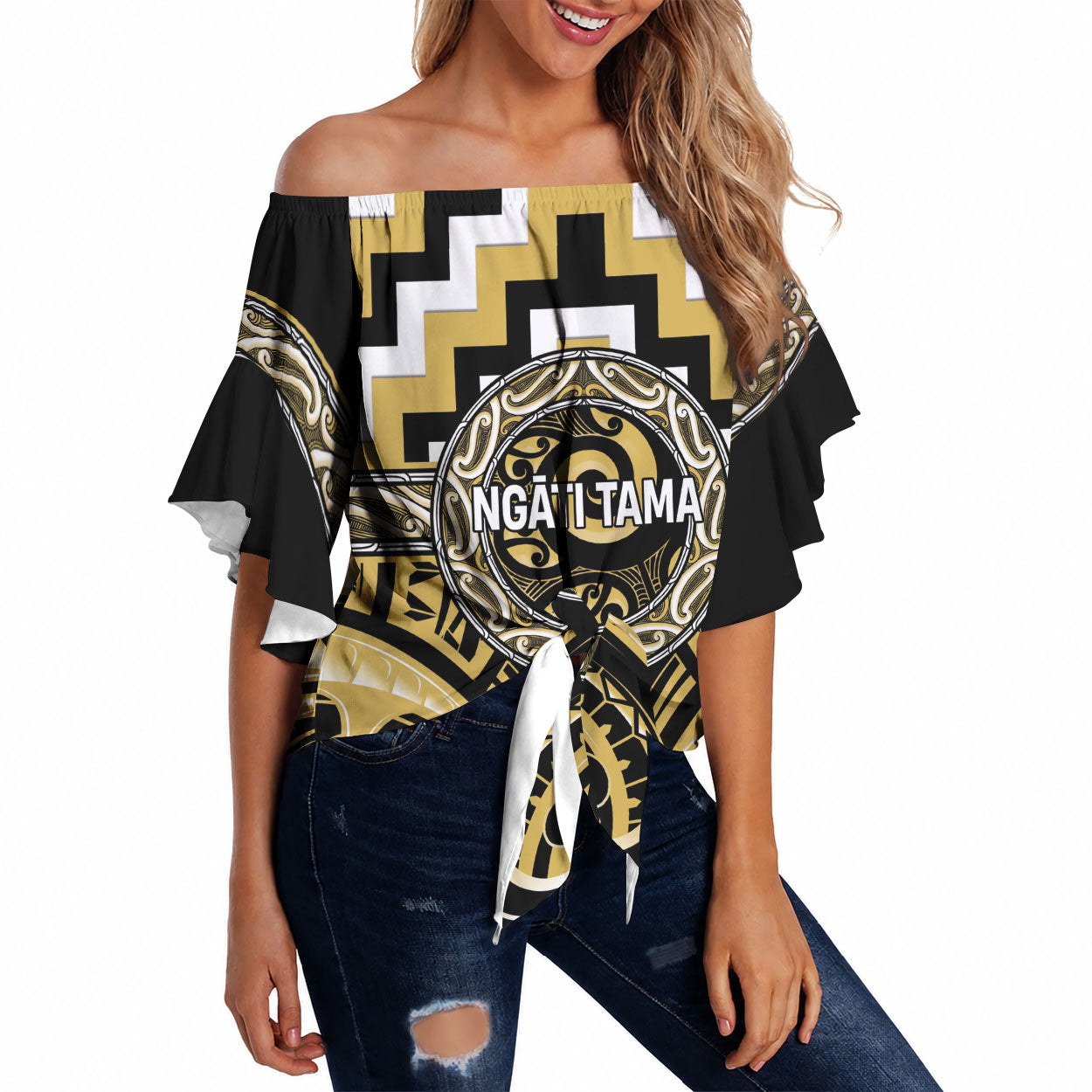 Aotearoa Ngati Tama Personalised Off Shoulder Wrap Waist Top Maori Iwi Poutama Puhoro Tattoo LT14 Yellow - Polynesian Pride