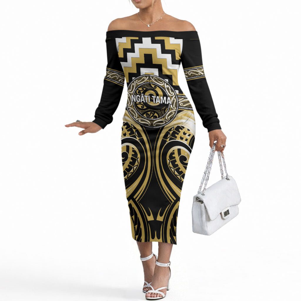 Aotearoa Ngati Tama Personalised Off The Shoulder Long Sleeve Dress Maori Iwi Poutama Puhoro Tattoo LT14 Women Yellow - Polynesian Pride