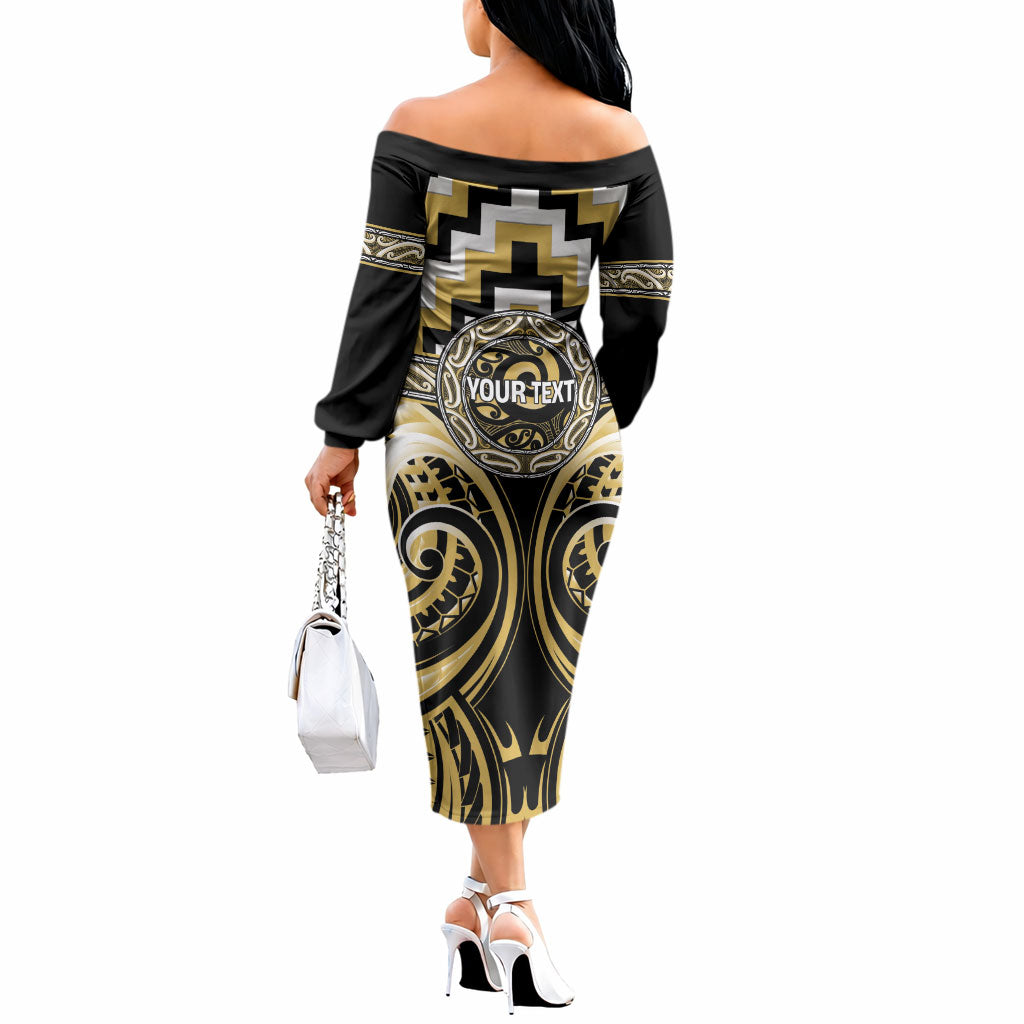 Aotearoa Ngati Tama Personalised Off The Shoulder Long Sleeve Dress Maori Iwi Poutama Puhoro Tattoo LT14 - Polynesian Pride