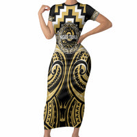 Aotearoa Ngati Tama Personalised Short Sleeve Bodycon Dress Maori Iwi Poutama Puhoro Tattoo LT14 Long Dress Yellow - Polynesian Pride