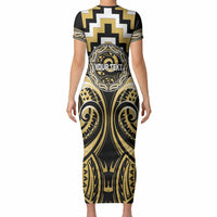 Aotearoa Ngati Tama Personalised Short Sleeve Bodycon Dress Maori Iwi Poutama Puhoro Tattoo LT14 - Polynesian Pride