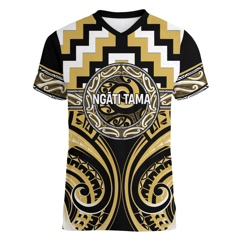 Aotearoa Ngati Tama Personalised Women V-Neck T-Shirt Maori Iwi Poutama Puhoro Tattoo LT14 Female Yellow - Polynesian Pride