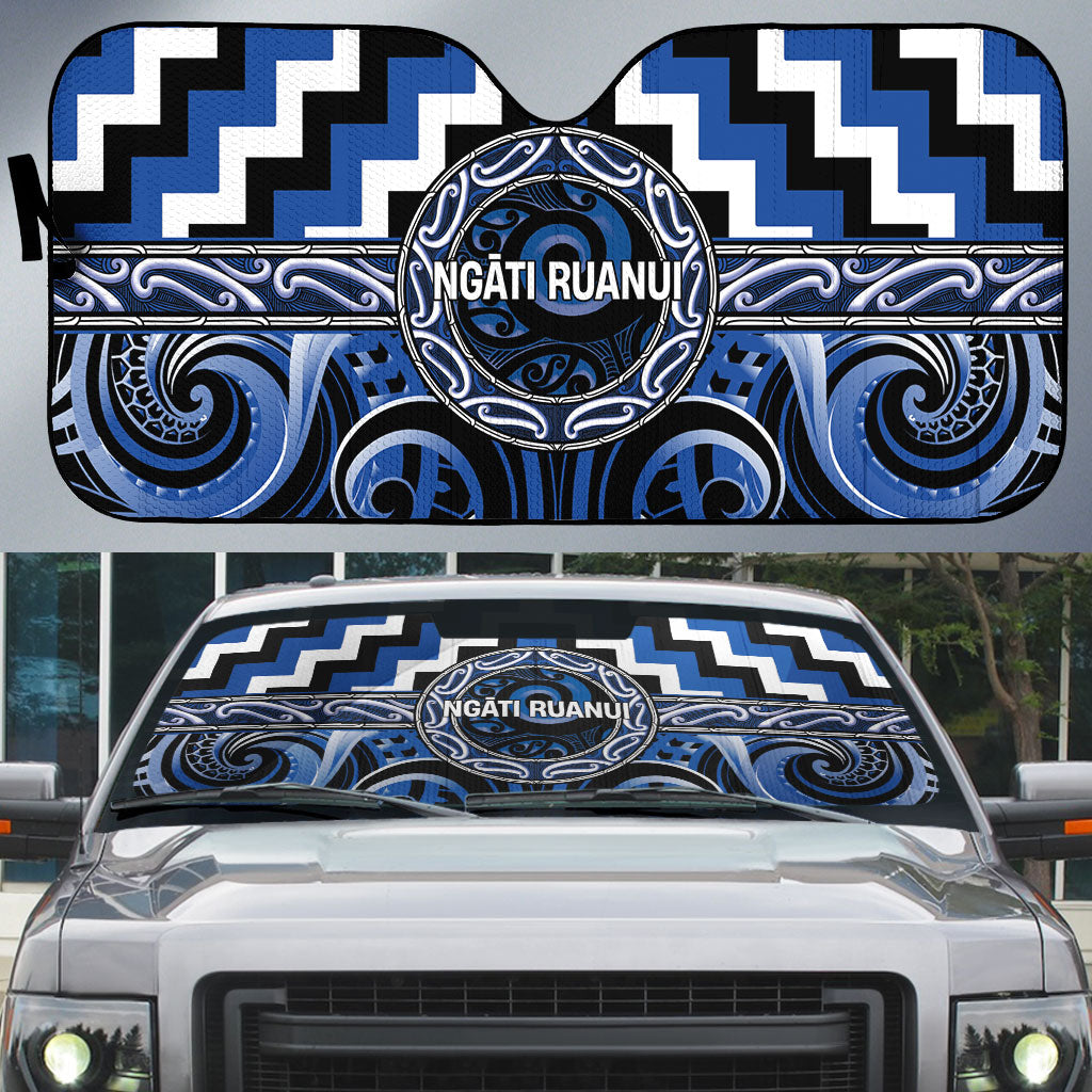 Aotearoa Ngati Ruanui Auto Sun Shade Maori Iwi Poutama Puhoro Tattoo LT14 Blue - Polynesian Pride