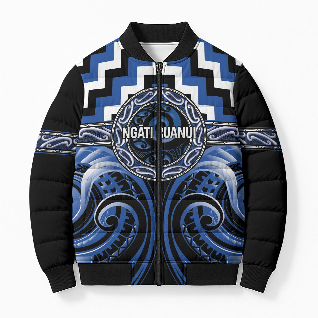 Aotearoa Ngati Ruanui Personalised Bomber Puffer Jacket Maori Iwi Poutama Puhoro Tattoo LT14 Unisex Blue - Polynesian Pride