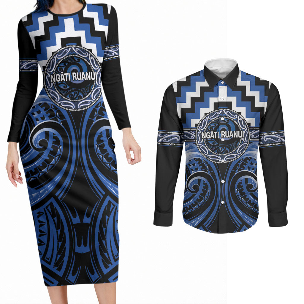 Aotearoa Ngati Ruanui Personalised Couples Matching Long Sleeve Bodycon Dress and Long Sleeve Button Shirt Maori Iwi Poutama Puhoro Tattoo LT14 Blue - Polynesian Pride