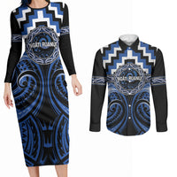 Aotearoa Ngati Ruanui Personalised Couples Matching Long Sleeve Bodycon Dress and Long Sleeve Button Shirt Maori Iwi Poutama Puhoro Tattoo LT14 Blue - Polynesian Pride