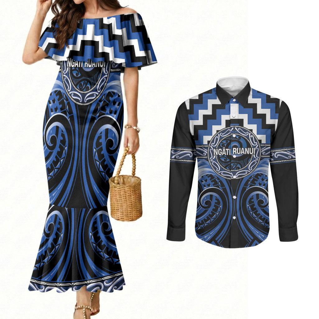 Aotearoa Ngati Ruanui Personalised Couples Matching Mermaid Dress and Long Sleeve Button Shirt Maori Iwi Poutama Puhoro Tattoo LT14 Blue - Polynesian Pride