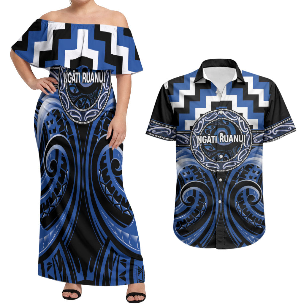 Aotearoa Ngati Ruanui Personalised Couples Matching Off Shoulder Maxi Dress and Hawaiian Shirt Maori Iwi Poutama Puhoro Tattoo LT14 Blue - Polynesian Pride