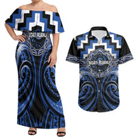 Aotearoa Ngati Ruanui Personalised Couples Matching Off Shoulder Maxi Dress and Hawaiian Shirt Maori Iwi Poutama Puhoro Tattoo LT14 Blue - Polynesian Pride