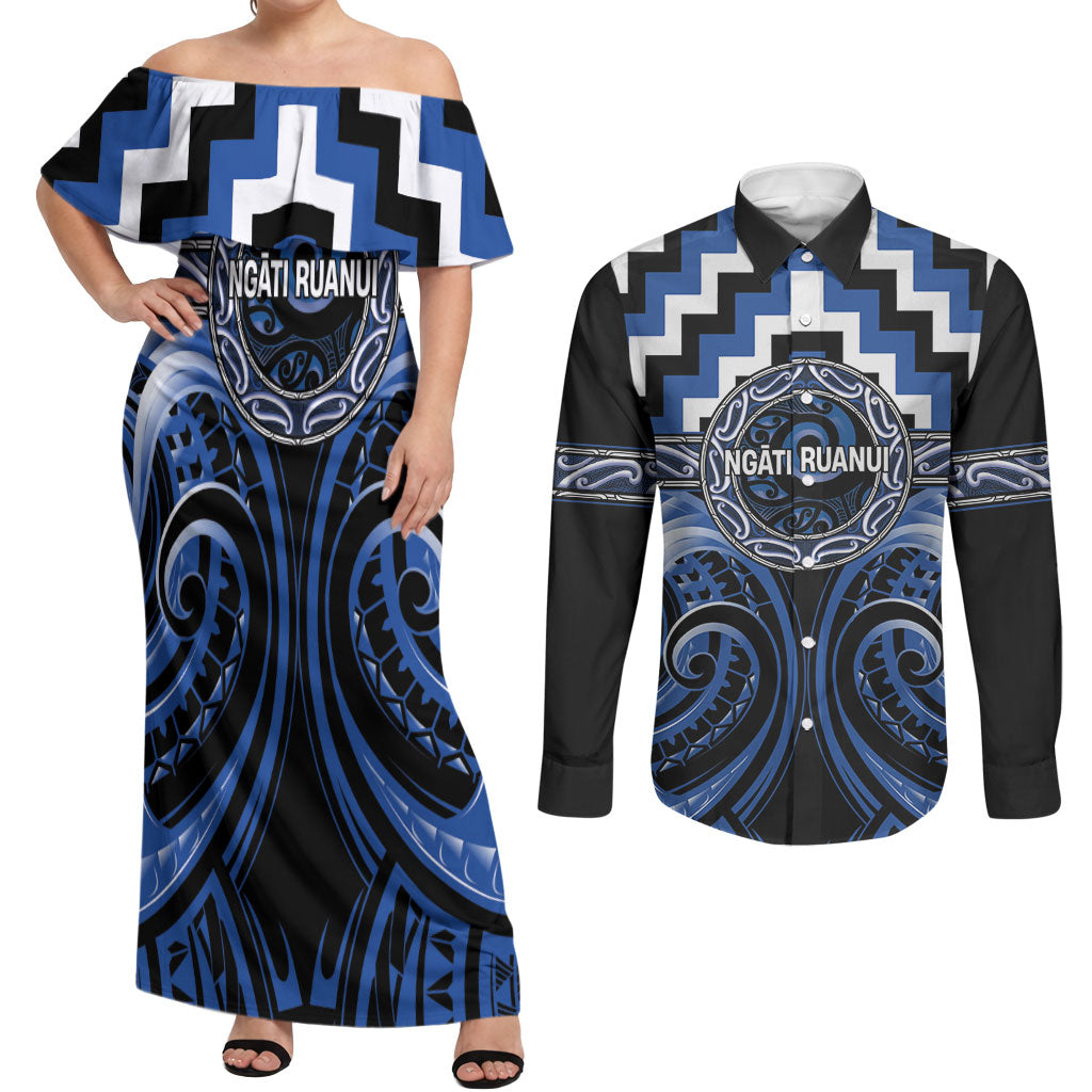 Aotearoa Ngati Ruanui Personalised Couples Matching Off Shoulder Maxi Dress and Long Sleeve Button Shirt Maori Iwi Poutama Puhoro Tattoo LT14 Blue - Polynesian Pride