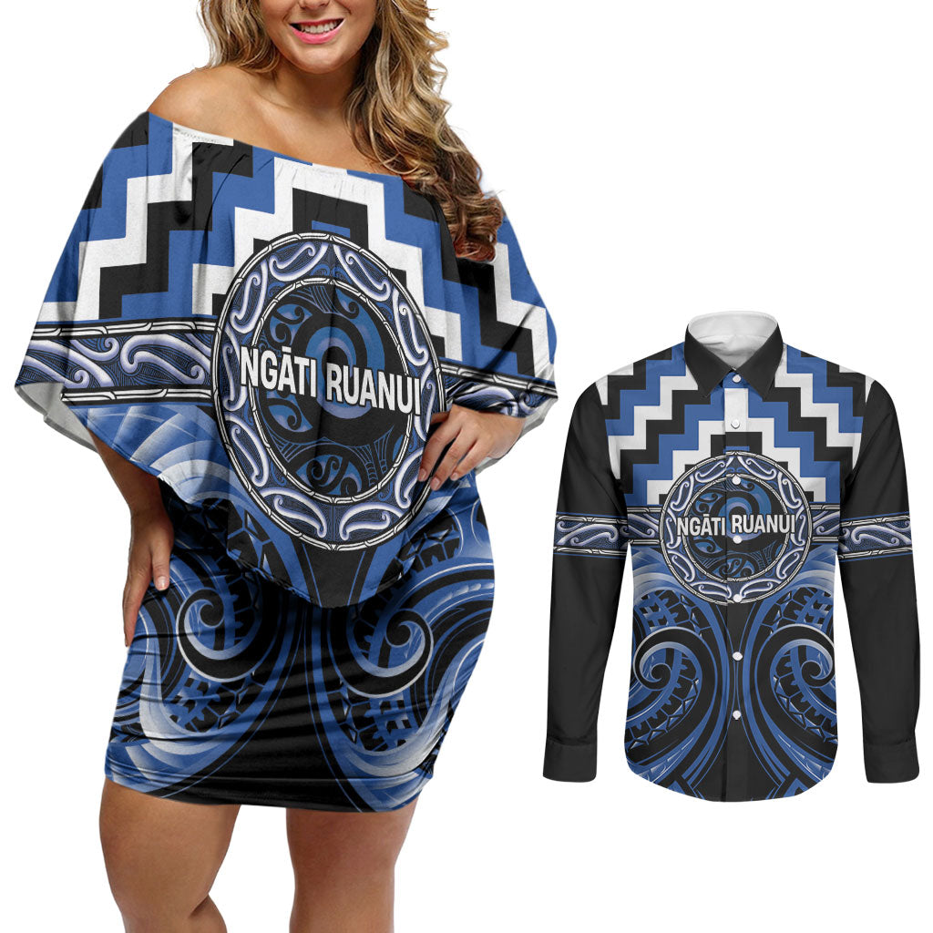 Aotearoa Ngati Ruanui Personalised Couples Matching Off Shoulder Short Dress and Long Sleeve Button Shirt Maori Iwi Poutama Puhoro Tattoo LT14 Blue - Polynesian Pride