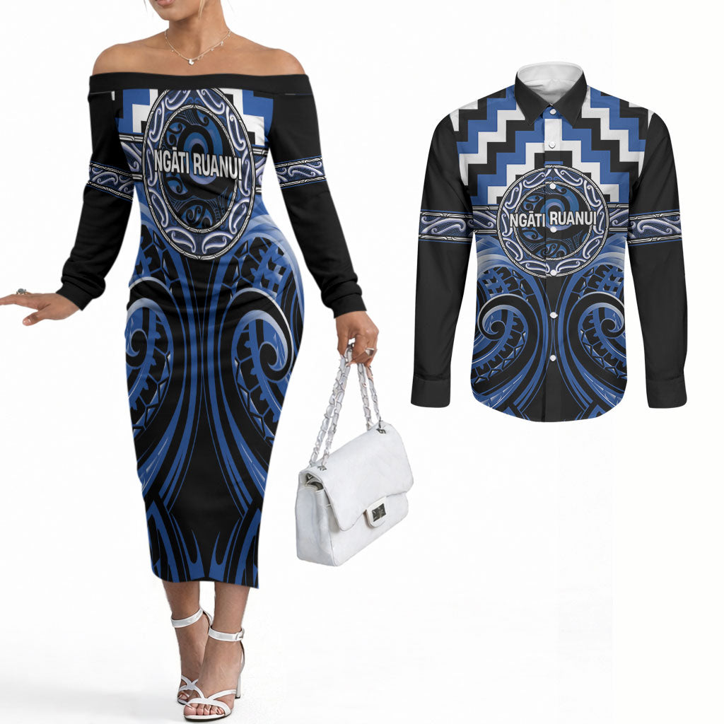 Aotearoa Ngati Ruanui Personalised Couples Matching Off The Shoulder Long Sleeve Dress and Long Sleeve Button Shirt Maori Iwi Poutama Puhoro Tattoo LT14 Blue - Polynesian Pride