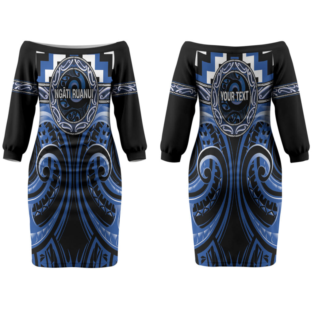 Aotearoa Ngati Ruanui Personalised Couples Matching Off The Shoulder Long Sleeve Dress and Long Sleeve Button Shirt Maori Iwi Poutama Puhoro Tattoo LT14 - Polynesian Pride