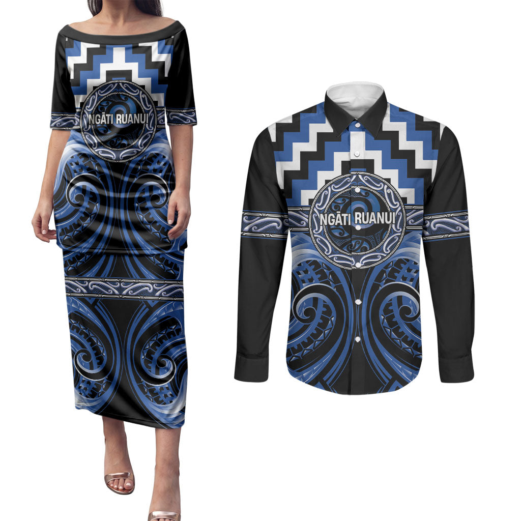 Aotearoa Ngati Ruanui Personalised Couples Matching Puletasi and Long Sleeve Button Shirt Maori Iwi Poutama Puhoro Tattoo LT14 Blue - Polynesian Pride
