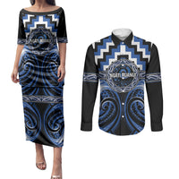 Aotearoa Ngati Ruanui Personalised Couples Matching Puletasi and Long Sleeve Button Shirt Maori Iwi Poutama Puhoro Tattoo LT14 Blue - Polynesian Pride