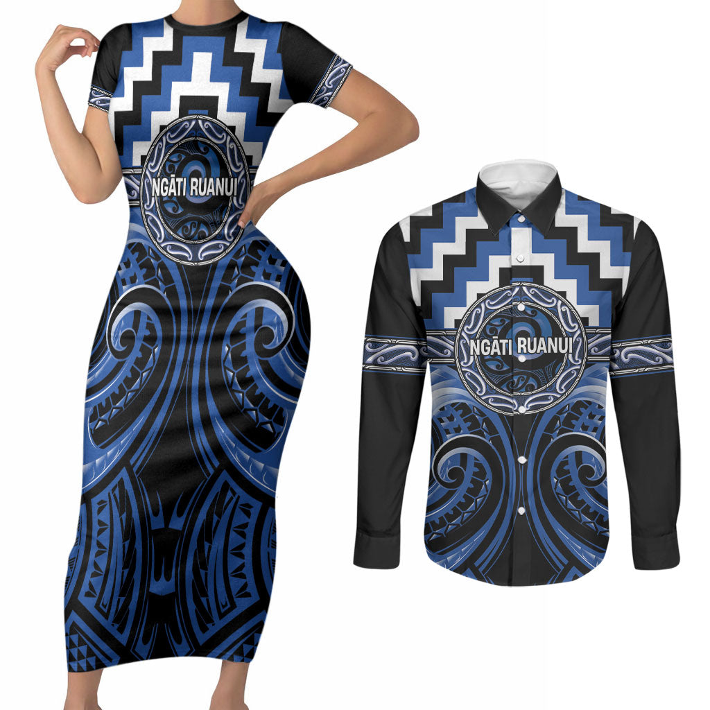 Aotearoa Ngati Ruanui Personalised Couples Matching Short Sleeve Bodycon Dress and Long Sleeve Button Shirt Maori Iwi Poutama Puhoro Tattoo LT14 Blue - Polynesian Pride