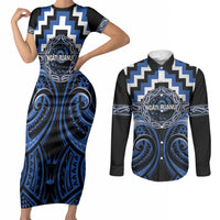 Aotearoa Ngati Ruanui Personalised Couples Matching Short Sleeve Bodycon Dress and Long Sleeve Button Shirt Maori Iwi Poutama Puhoro Tattoo LT14 Blue - Polynesian Pride