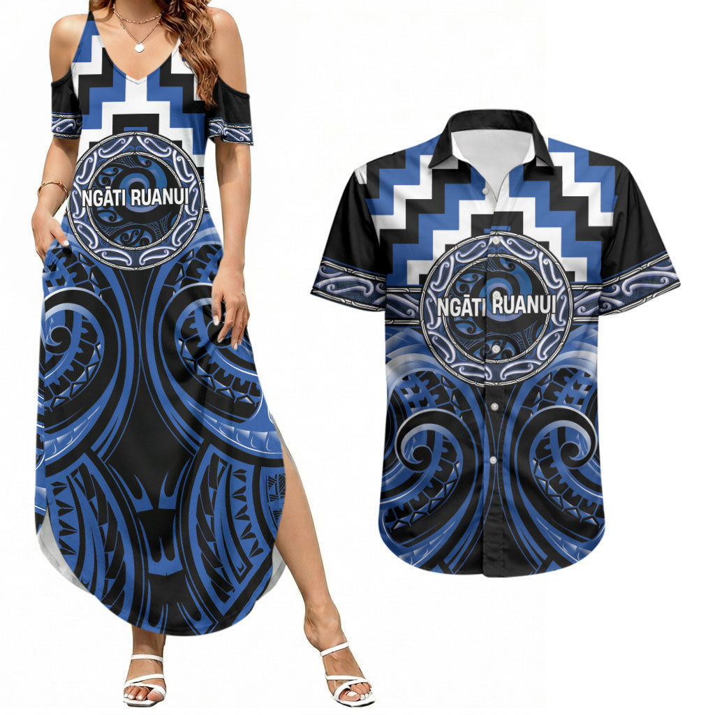Aotearoa Ngati Ruanui Personalised Couples Matching Summer Maxi Dress and Hawaiian Shirt Maori Iwi Poutama Puhoro Tattoo LT14 Blue - Polynesian Pride